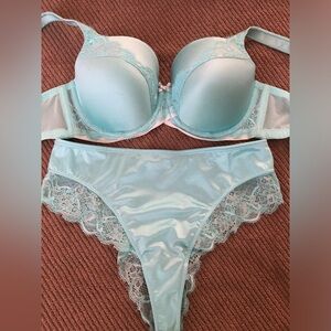Vintage Ambrielle Aqua Satin & Lace Bra & Panty, 40C, Large